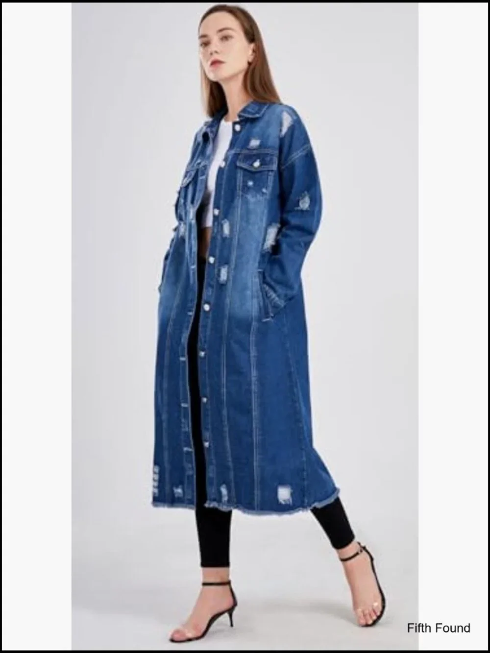 Shredded Distressed Long Denim Duster Coat Jacket Womens Oversized - Picture 5 of 7